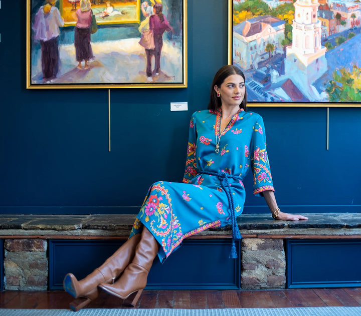 Talia Dress | Teal Scroll