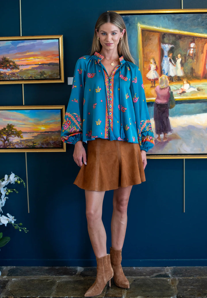 Long Sleeve Kit Top | Teal Scroll