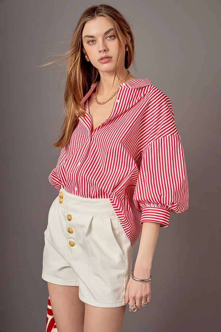 Harper Striped Balloon Sleeves Shirt | Red White