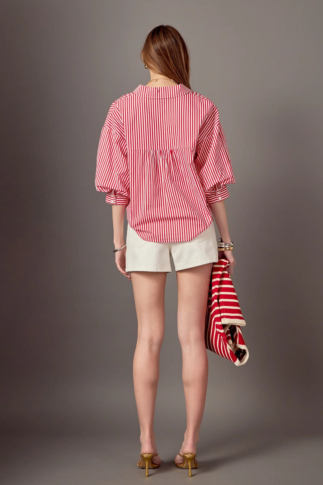 Striped Balloon Sleeve Shirt | Red & White