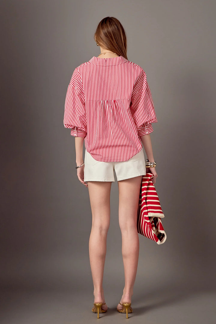 Striped Balloon Sleeve Shirt | Red & White