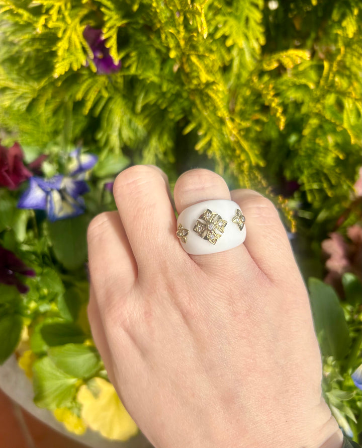 White Agate 14kt Diamond Ring with Cross Design