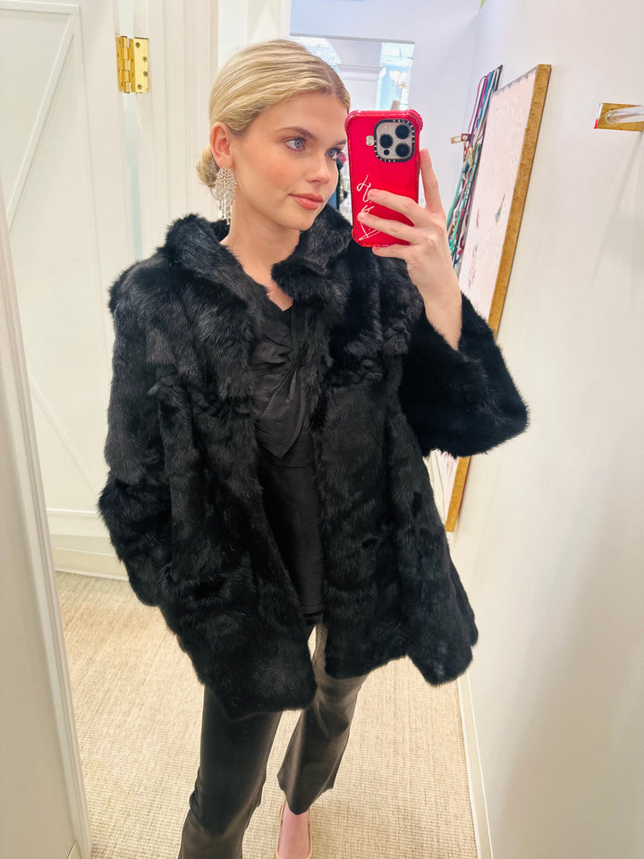 Black Genuine Rabbit Long Fur Jacket
