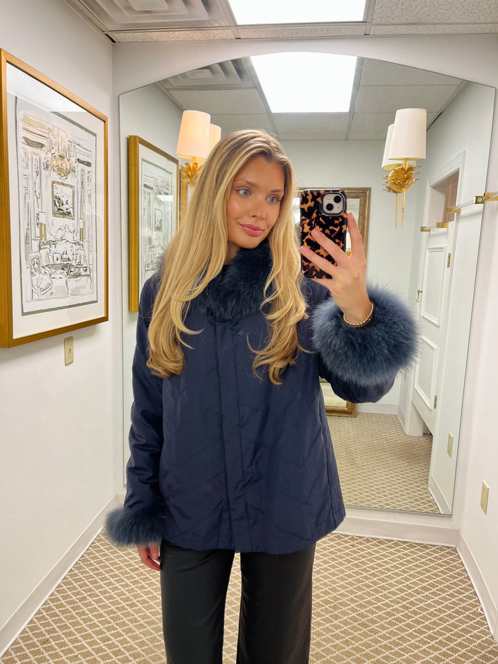 Genuine Fox Fur Chevron Coat | Navy