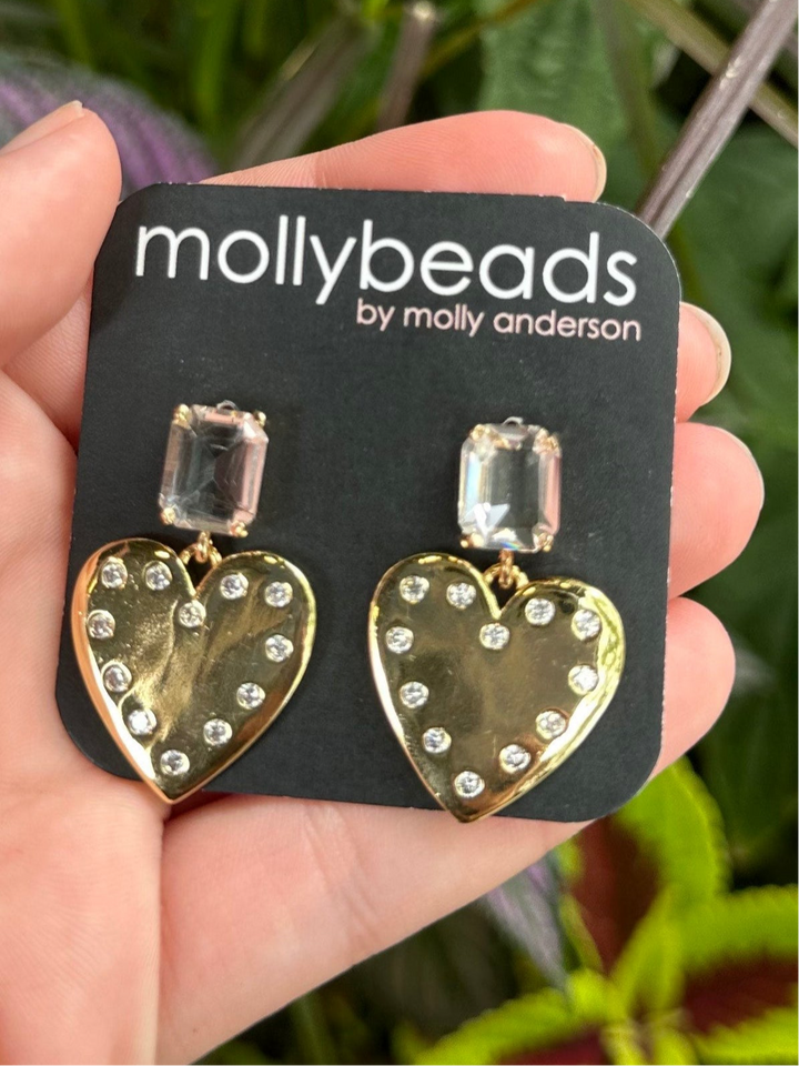 Gold Heart + Emerald Shape Stud Earrings