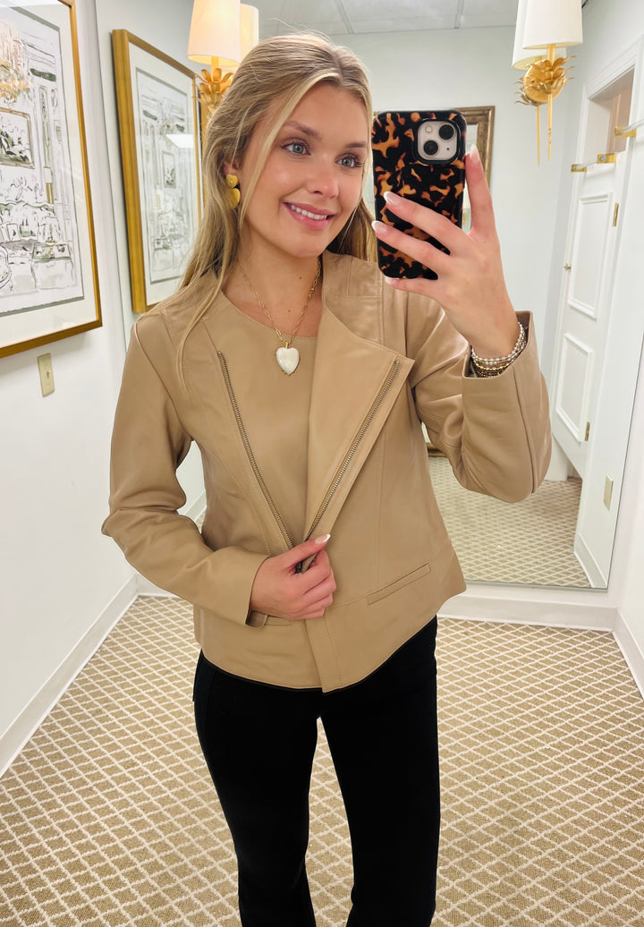 Collarless Lamb Leather Zip Up Jacket | Beige