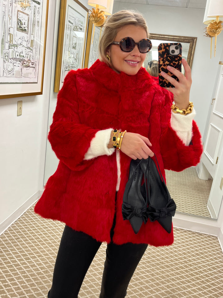 Red Genuine Rabbit Long Fur Jacket