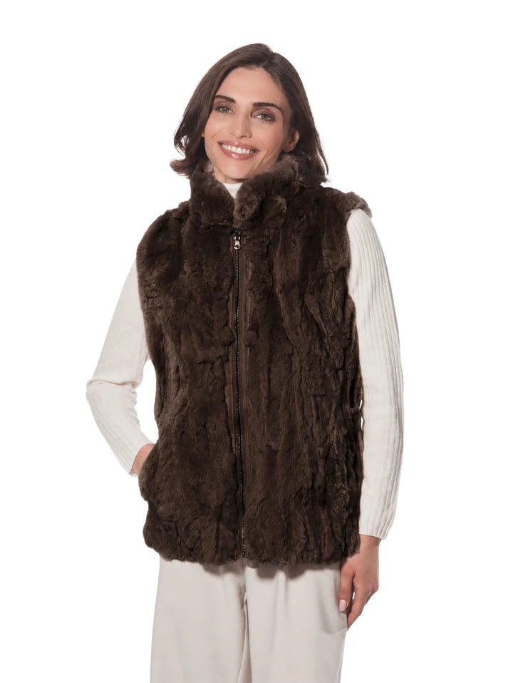 Genuine Rex Rabbit  Reversible Zip Vest | Brown