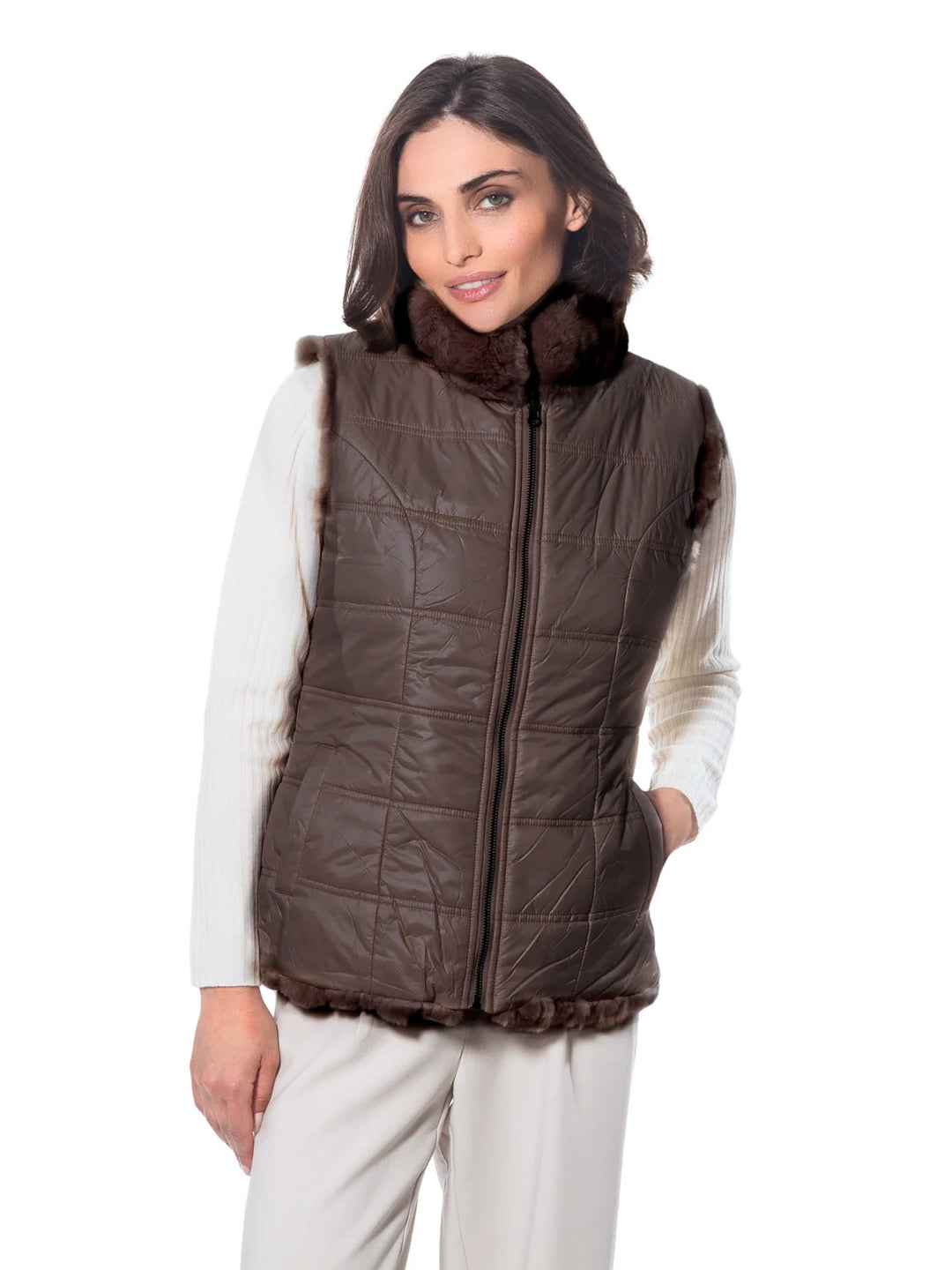 Genuine Rex Rabbit  Reversible Zip Vest | Brown