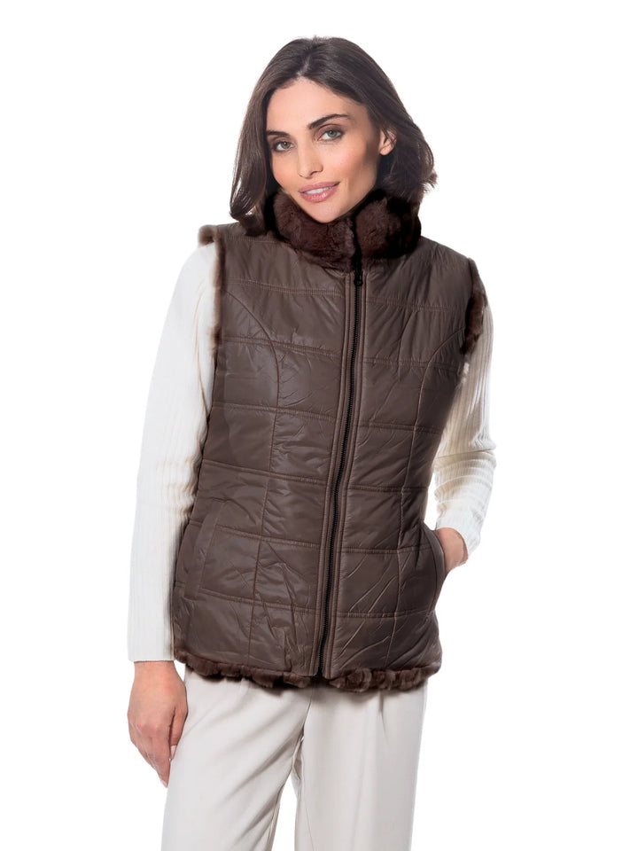 Genuine Rex Rabbit  Reversible Zip Vest | Brown