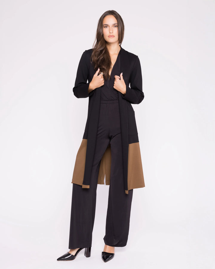 Ponte Knit Color Block Smoking Jacket | Black & Camel