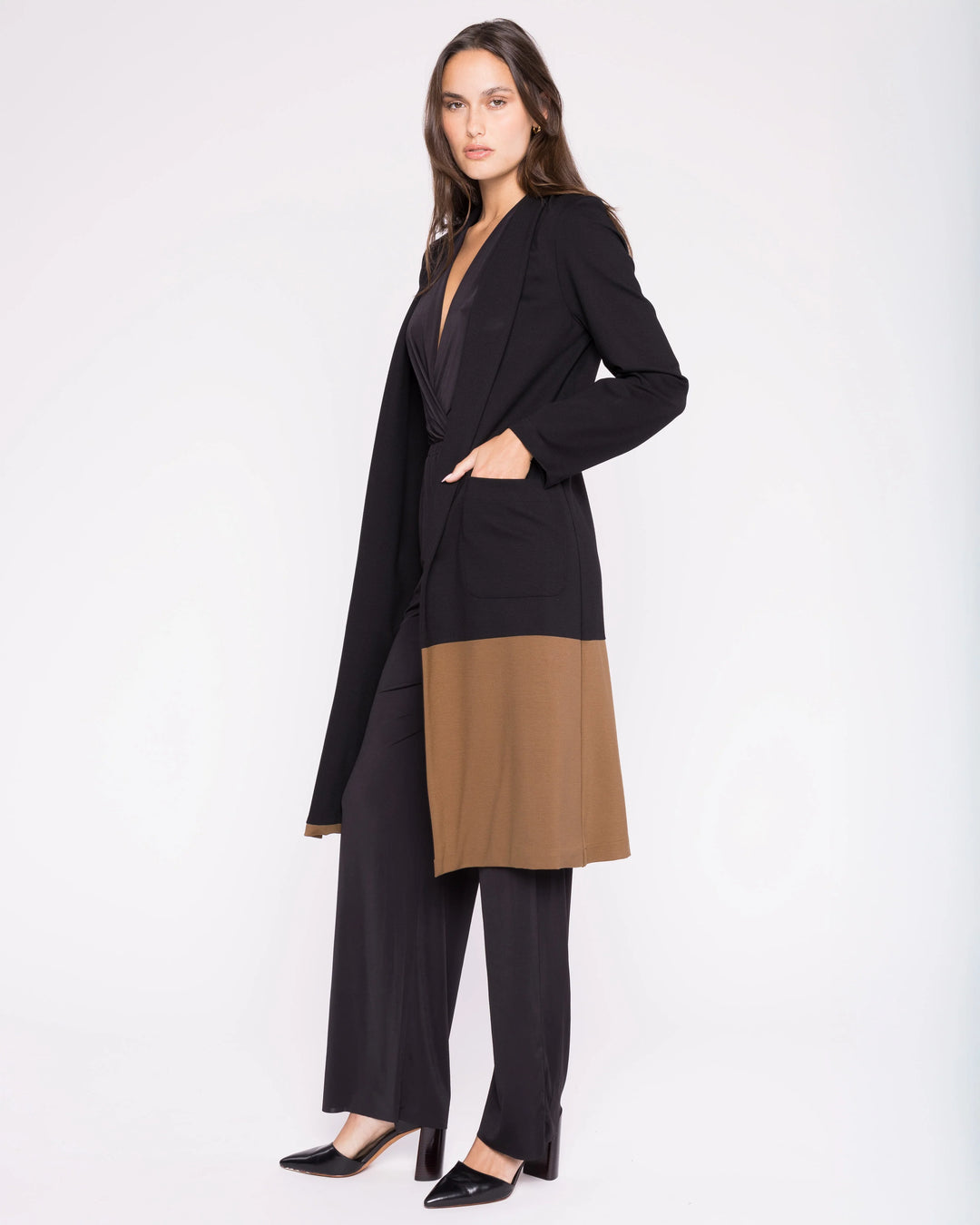 Ponte Knit Color Block Smoking Jacket | Black & Camel