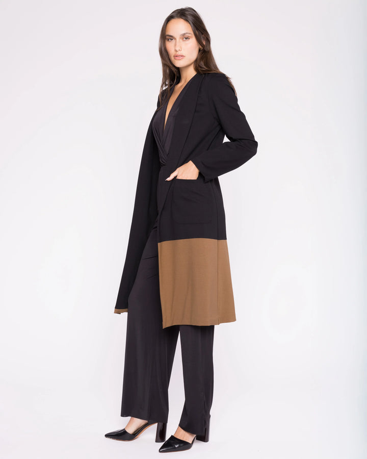 Ponte Knit Color Block Smoking Jacket | Black & Camel