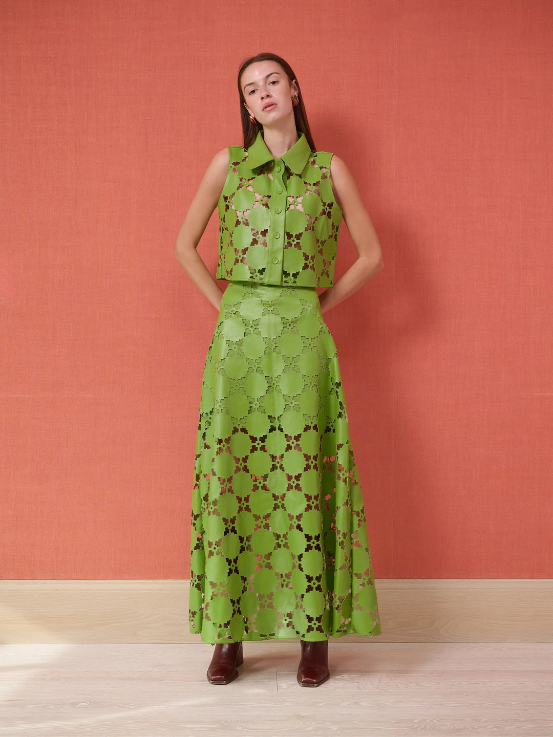 Olive Sleeveless Button Down | Laser Cut Green