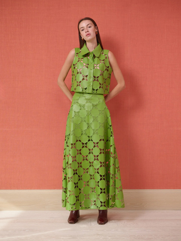 Olive Sleeveless Button Down | Laser Cut Green