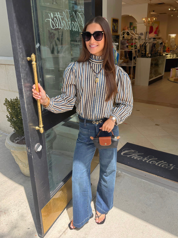 Pintucked Blouse | Blue Tonal Stripes