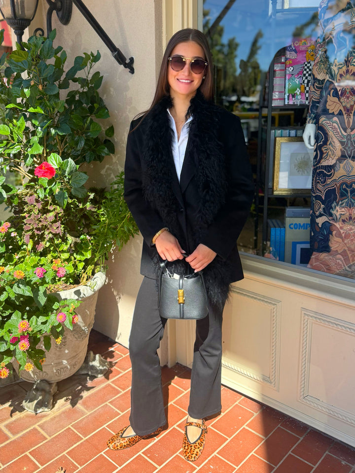 Oversized Cashmere Blazer + Shearling Scarf | Jet Black