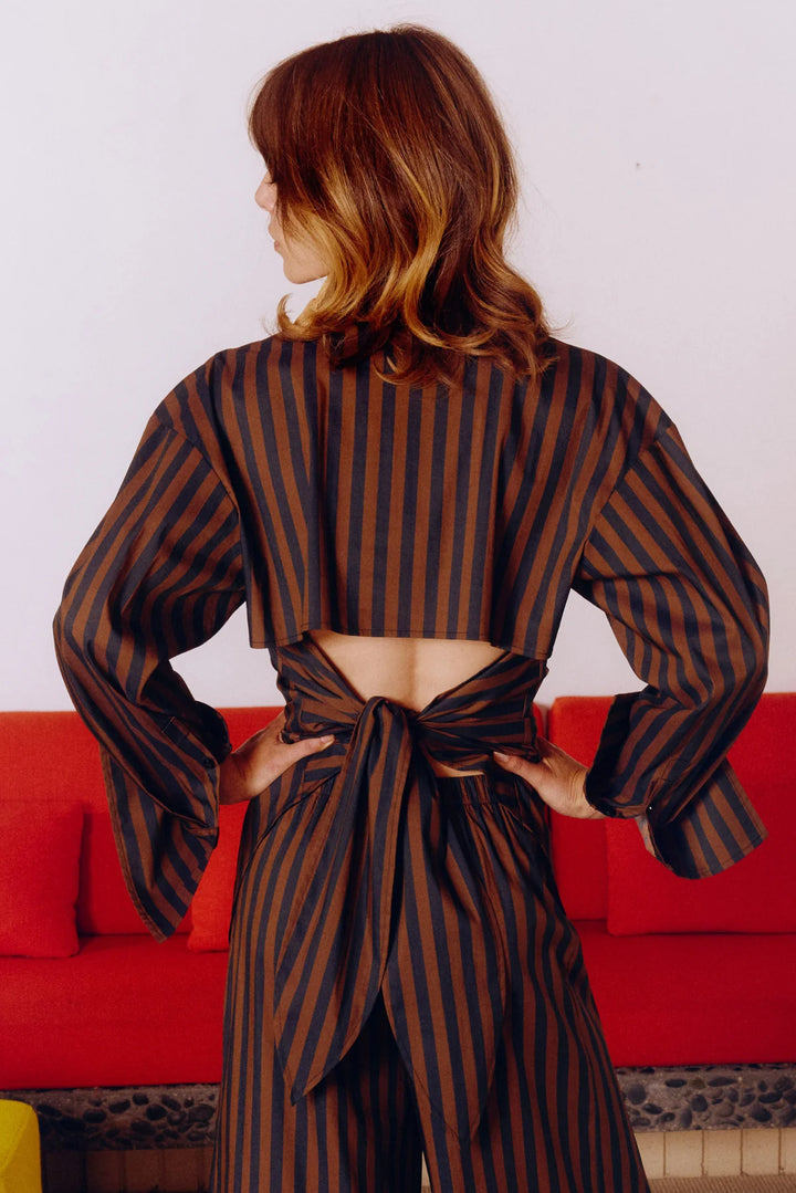 Loch Poplin Button Up | Black & Chocolate Brown Stripe