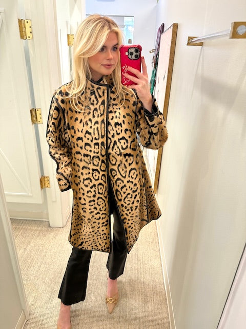 Linda Richards Genuine Kid Lamb Skin Coat | Leopard - Charlotte's Inc