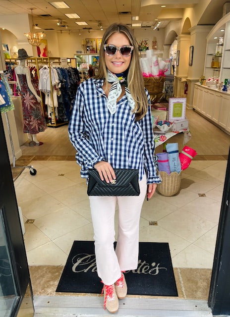 Gingham Ruffled Shirt | Navy/White
