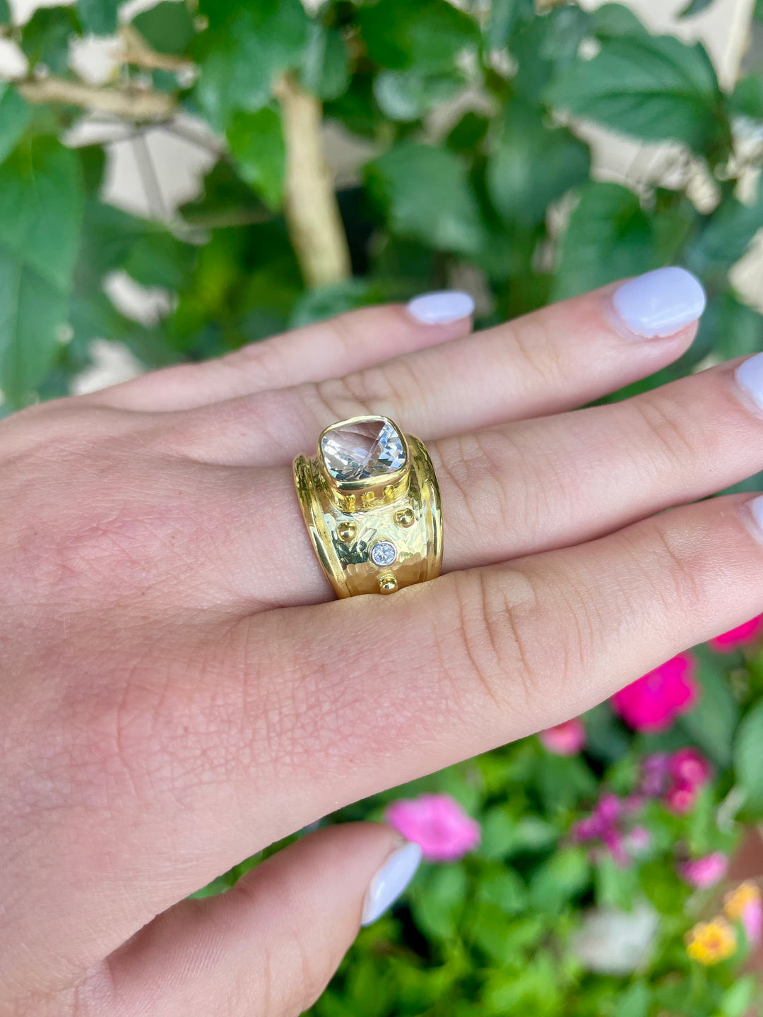 14kt White Topaz Band Ring with .10pts Diamonds