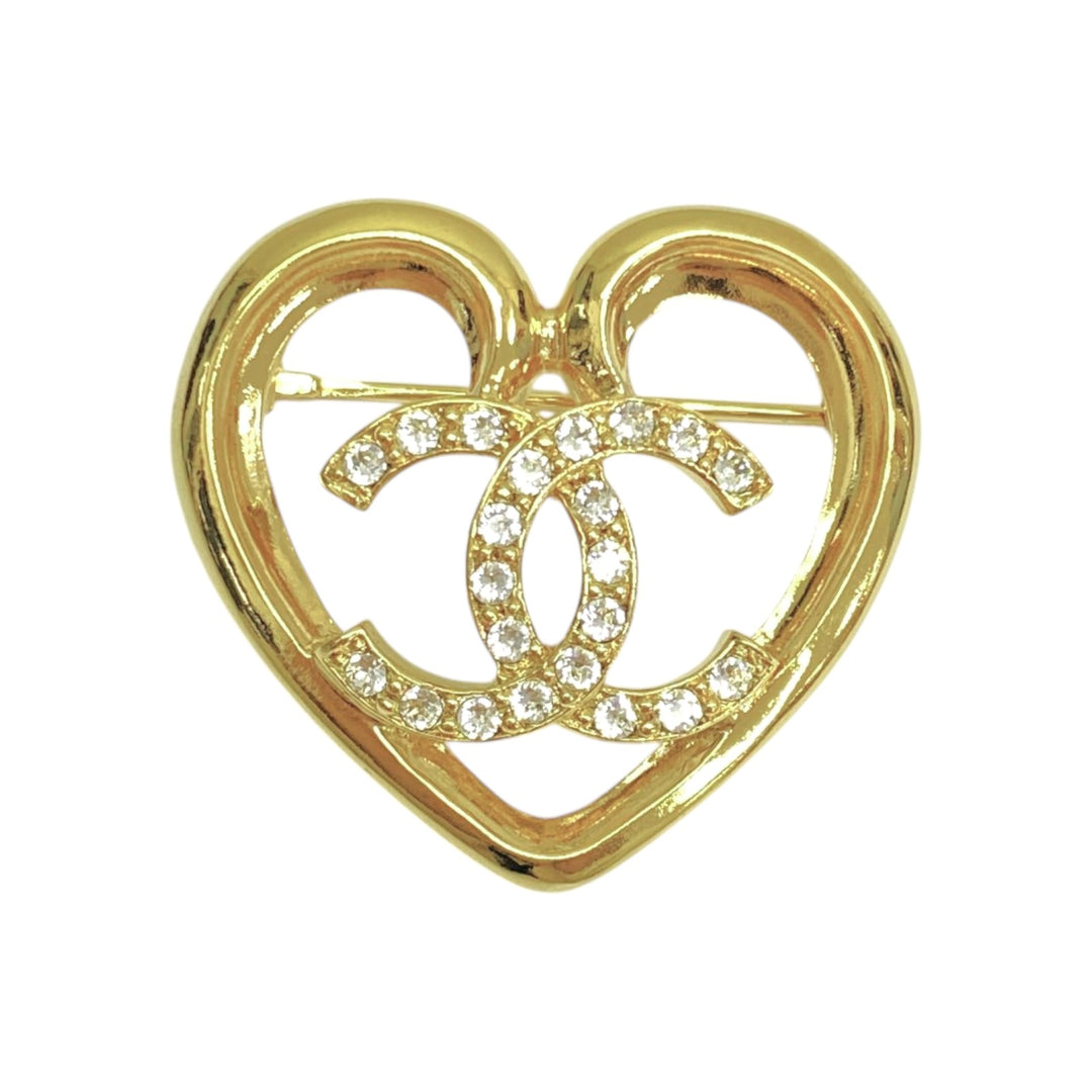 Chanel CC Logo Heart Rhinestone Brooch
