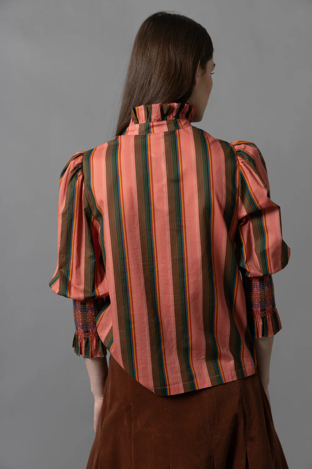 Frilled Button Down | Rose Multicolor Stripes