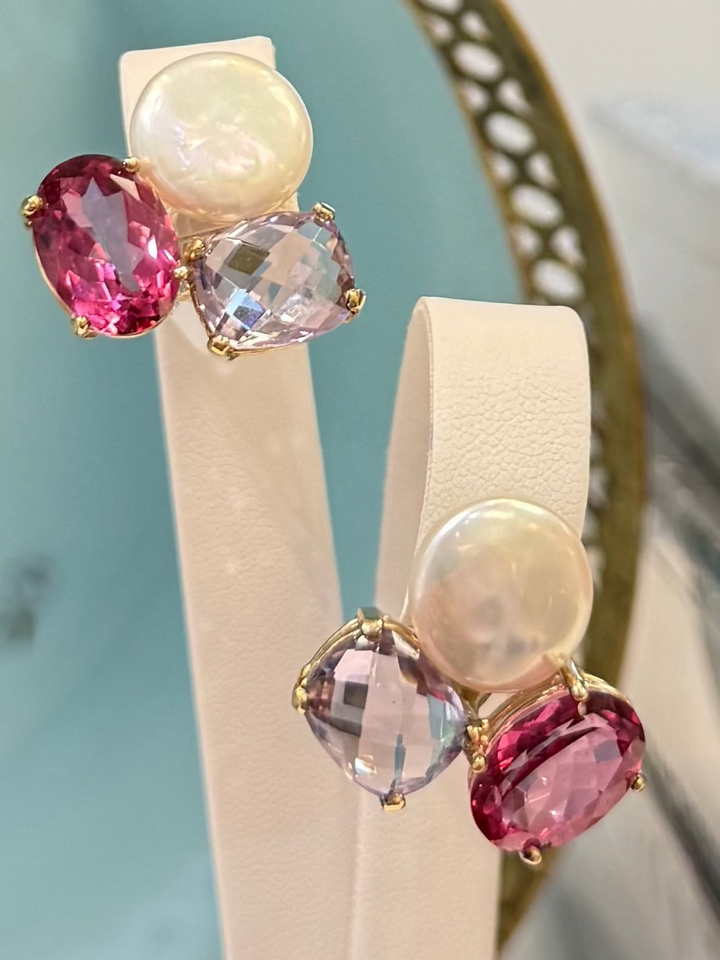 14kt Earring with Pearl Lavender Amethyst & Pink Topaz EZ3328