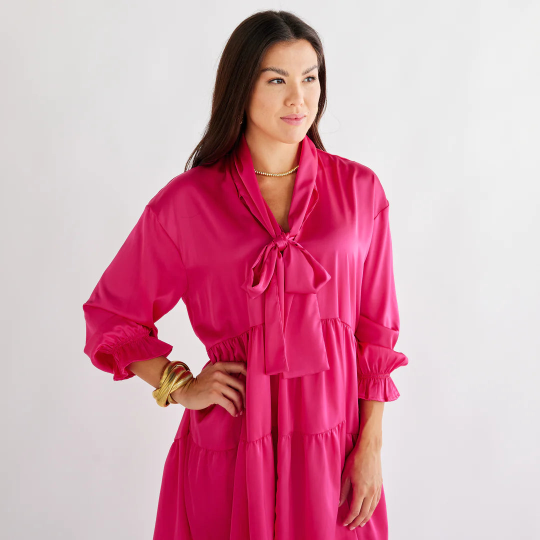 Caryn Lawn Maren Bow Silky Dress | Hot Pink