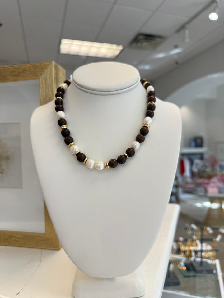 Wood and Pearl Statement Necklace