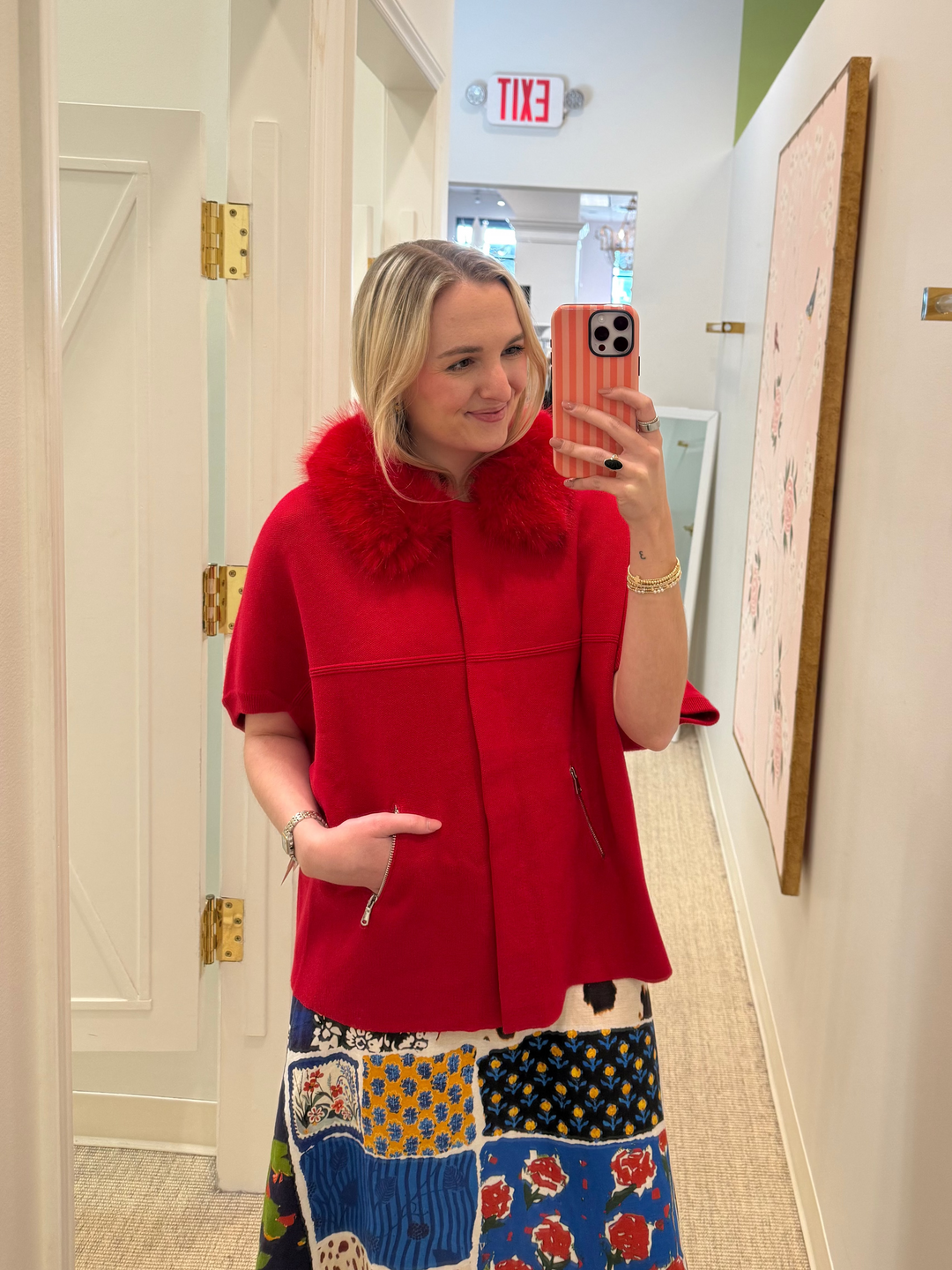 Faux Fur Trim Cardigan | Red