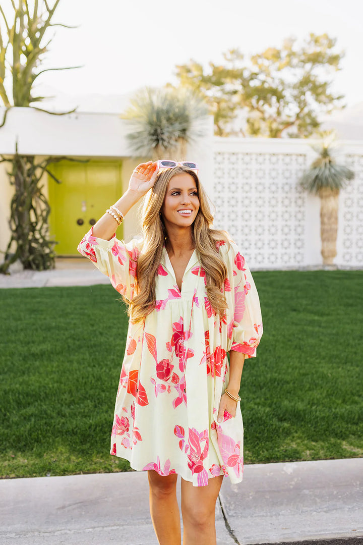 Alara Puff Sleeve Dress | Lime Pink