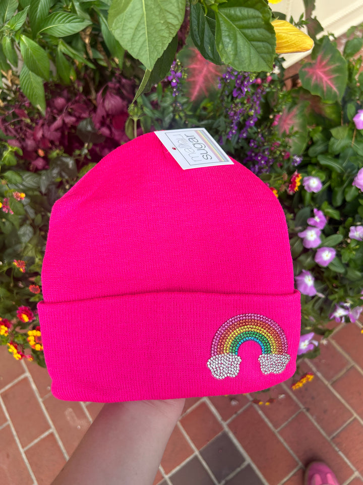 Beanie w/ Rhinestone Rainbow Patch | Pink