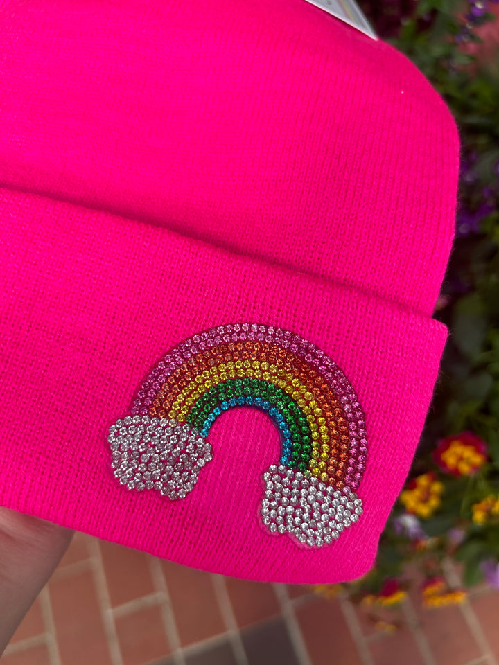 Beanie w/ Rhinestone Rainbow Patch | Pink