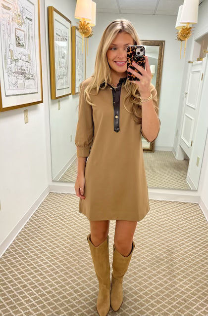 Kat Ponte Gold Button Dress | Latte