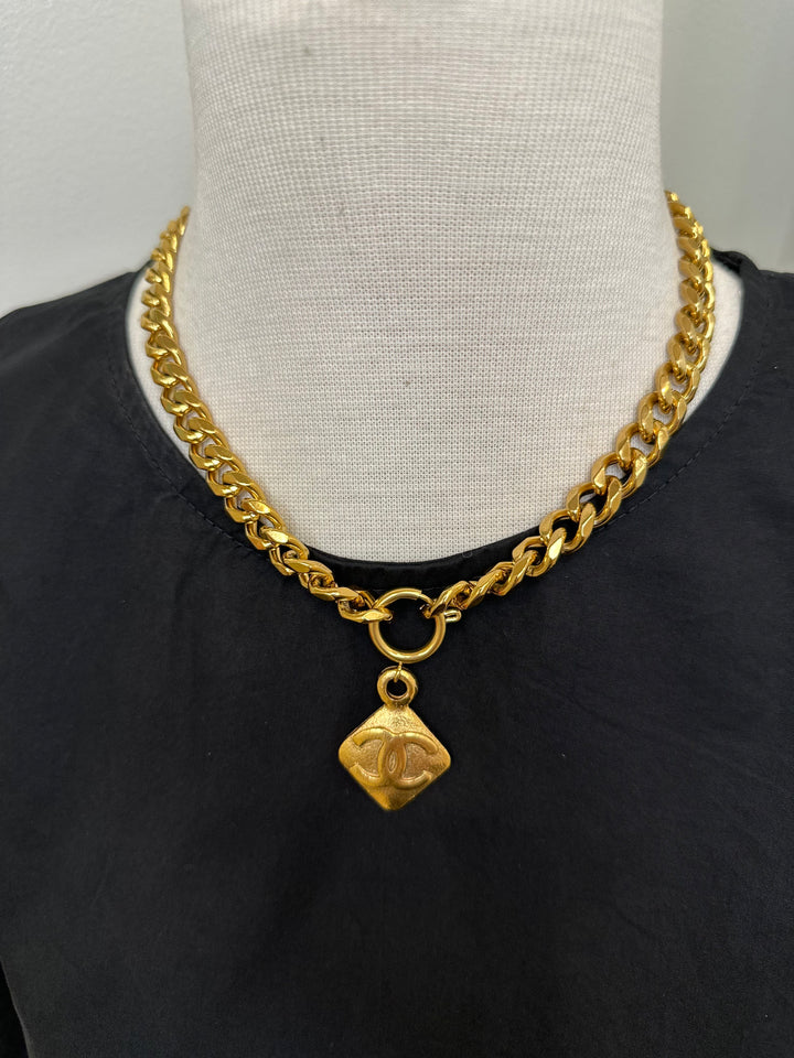 Gold Thick Chain with Diamond Shape CC Charm