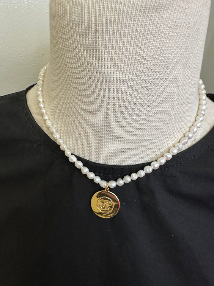 Seed Pearl Necklace with CC Medallion