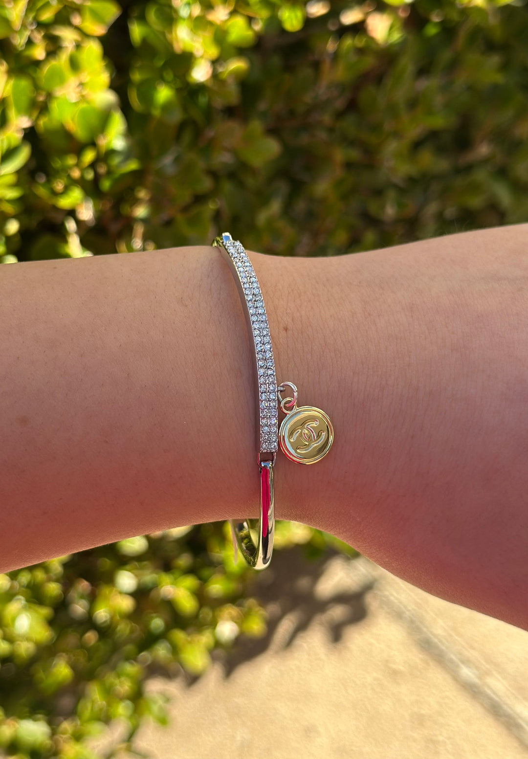 Silver Diamond Bangle with Gold CC Charm