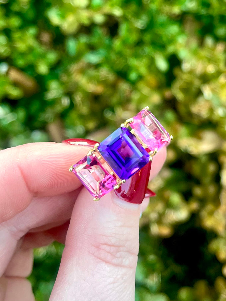 14k Amythest + Pink Topaz 3 Stone Ring