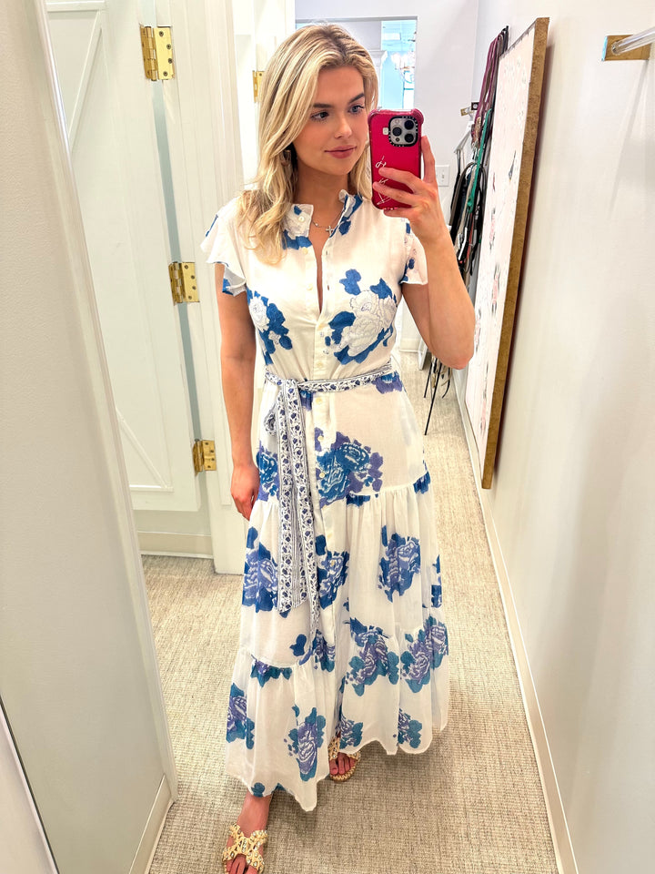 Ruffle Collar Button Maxi | Portofino Blue