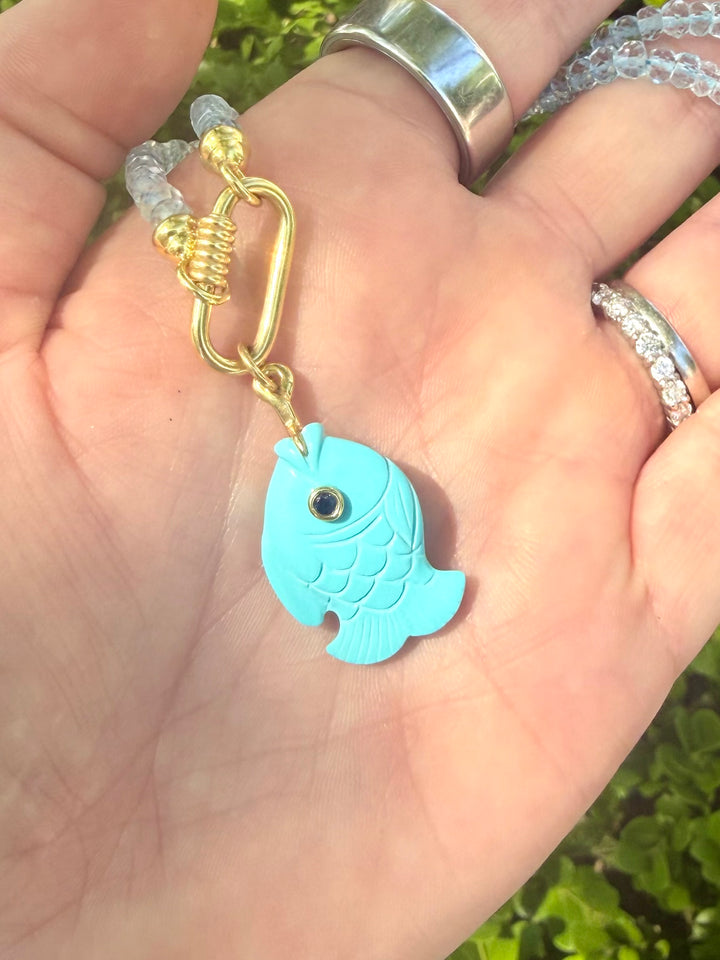14kt Turquoise Fat Fish Charm with Blue Sapphire