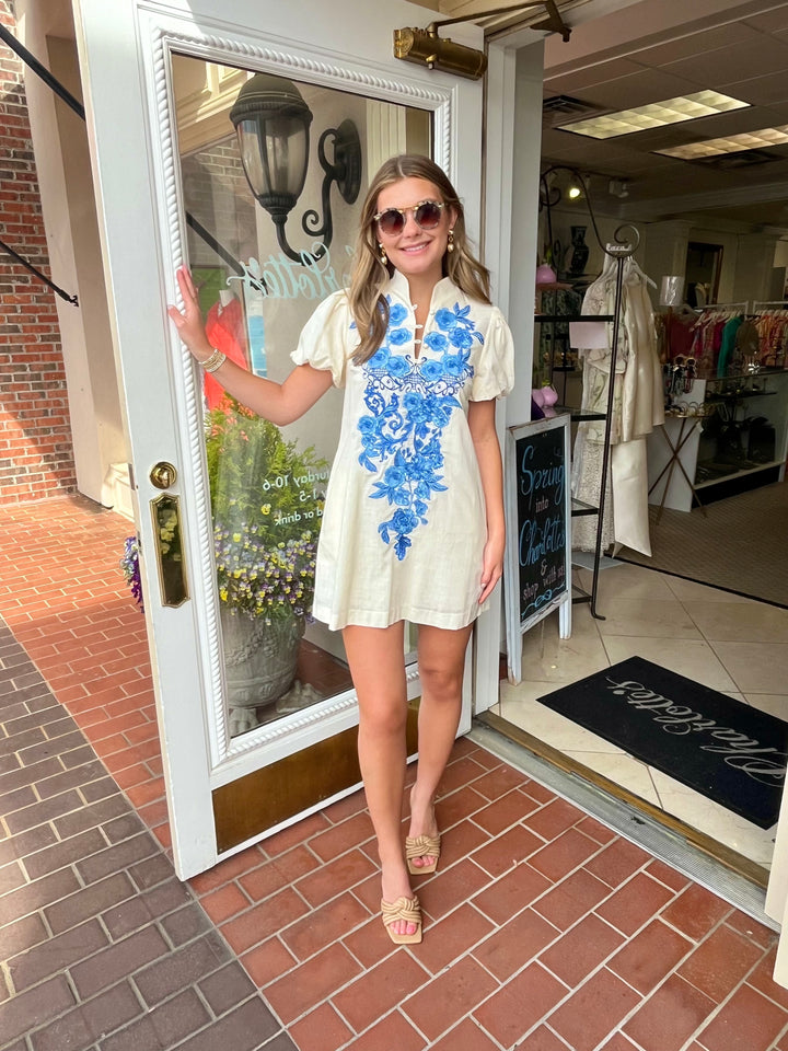 Elliana Mini Dress | Ivory & Royal Blue