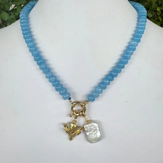 Blue Beaded Necklace + Charms