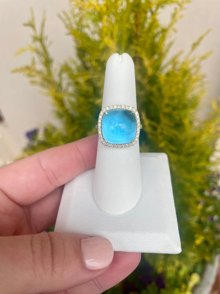 14kt Gold Swiss Blue Topaz Ring with .34pts Dia