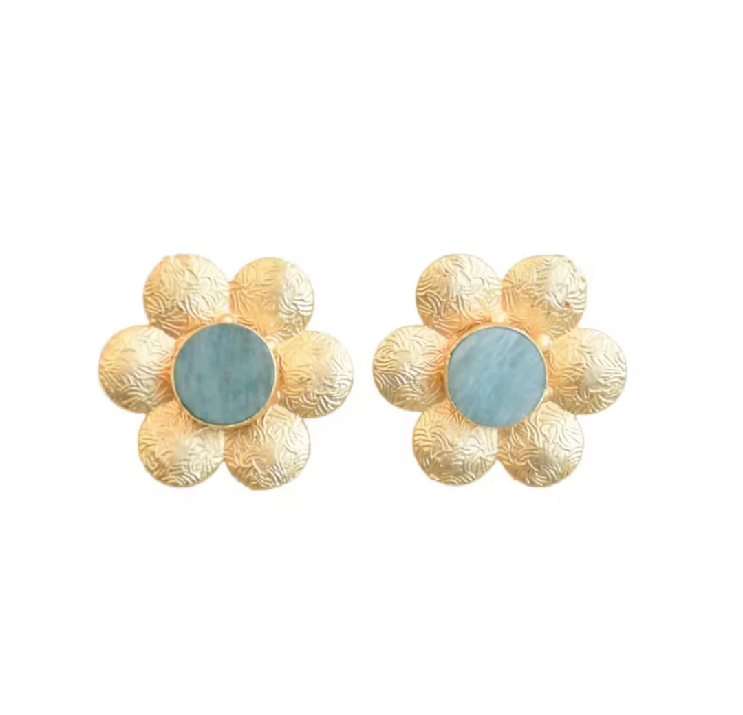 Gold Flower Gemstone Studs | Blue