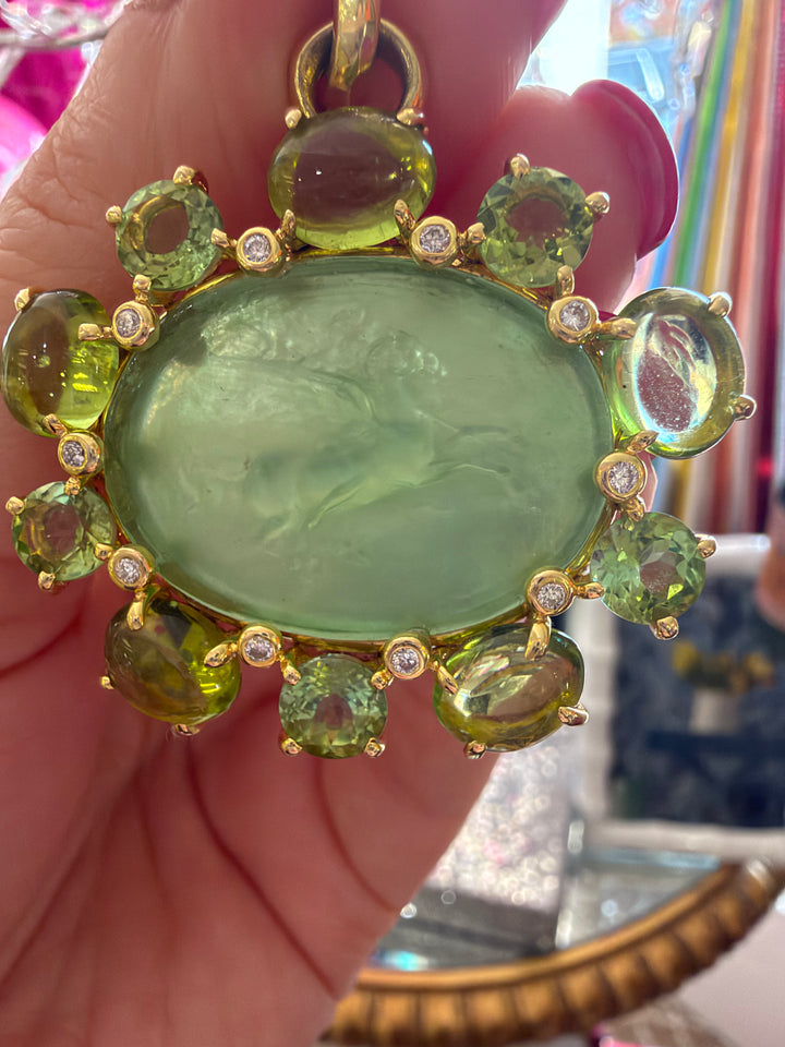 14kt Venetian Glass Pendant Surrounded in Green Tourmaline and .20ct Diamonds