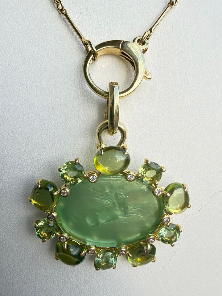 14kt Venetian Glass Pendant Surrounded in Green Tourmaline and .20ct Diamonds