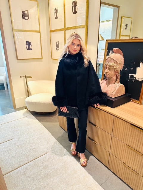 Linda Richards Genuine Fox and Wool Cape | Black