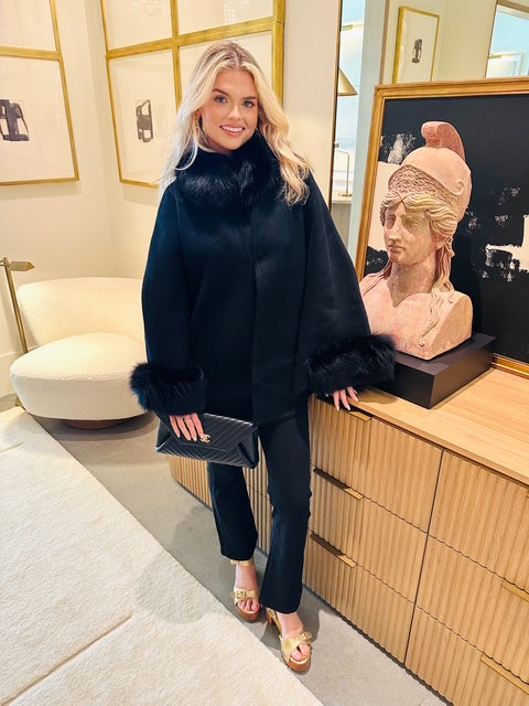 Linda Richards Genuine Fox and Wool Cape | Black