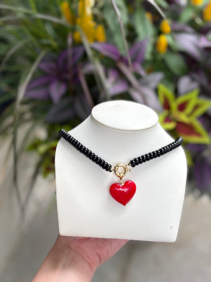 Black Beaded + Red Heart Necklace